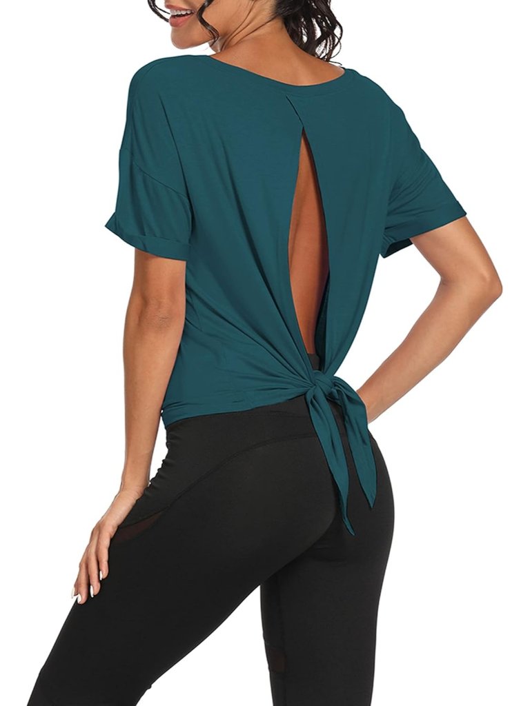 Women's Teal Blue Workout Tank Tops Open Back Exercise Shirts Tie Back Athletic